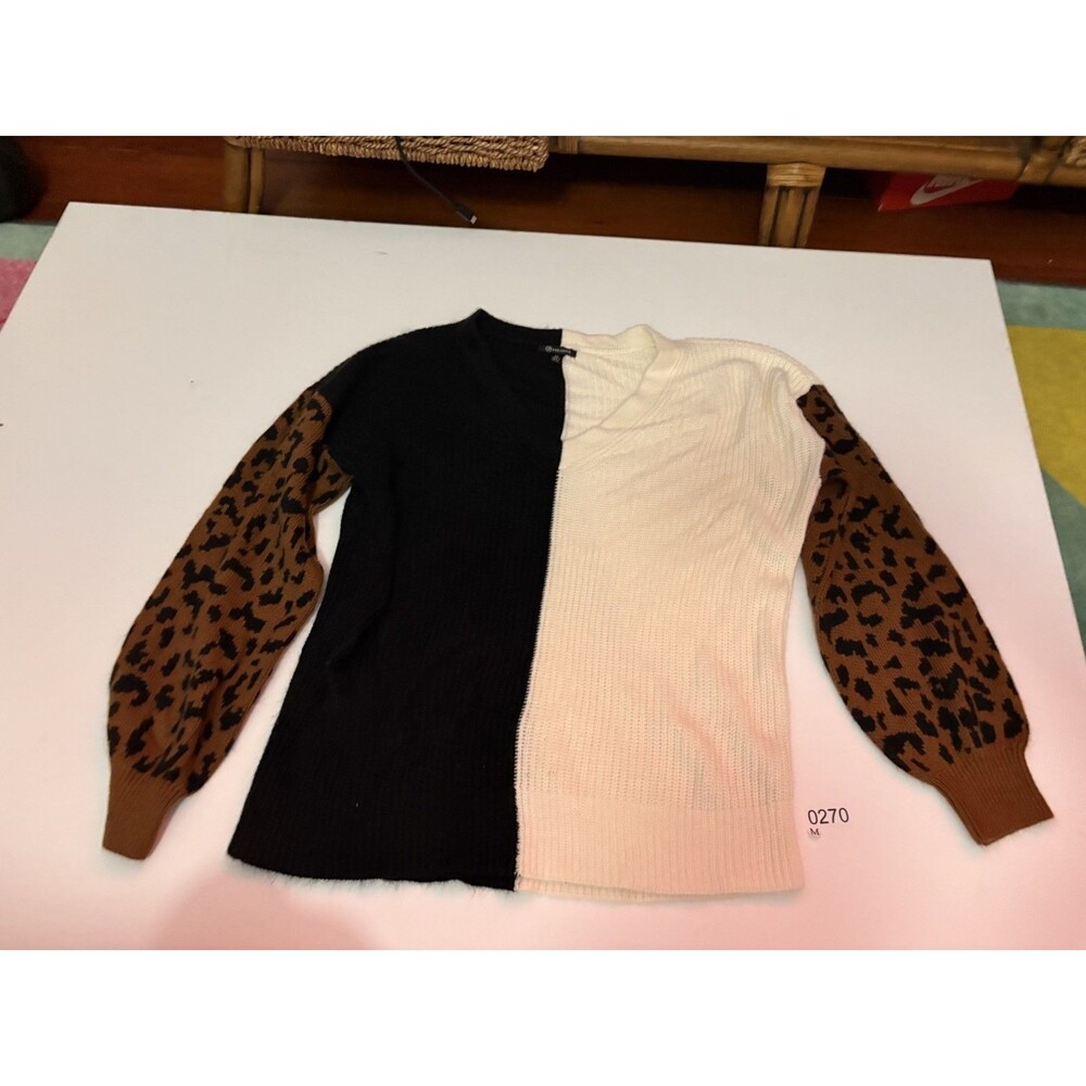 Versona Sweater M Cheetah Colorblock Mixed Print Chunky Knit Boxy Glam Edgy